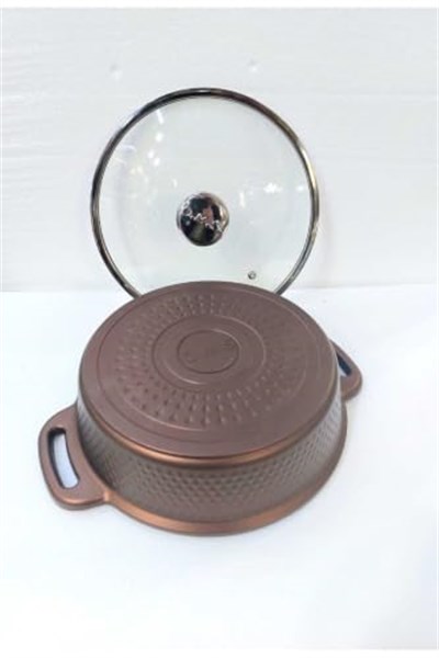 TRIANA - 3631 - 2 Parça Biogranit Döküm, Ağır Üstün Kaliteli ve Şık Tasarımlı, 28 Cm - 4,3 Litre, Karnıyarık, Pilav Tenceresi Bronz Gövde, Platin Detay