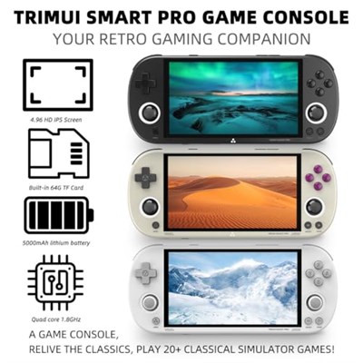 Trimui Smart Pro Oyun Konsolu 4.96-İnç 720x1280 IPS Ekran Dahili 64G TF Kart Video Oyun Konsolları 5000mAh Lityum Pil Çoklu Simülatörleri Destekler Günlük Oyun Konsol - Seçenekler: Gri-64G, 64G--Siyah