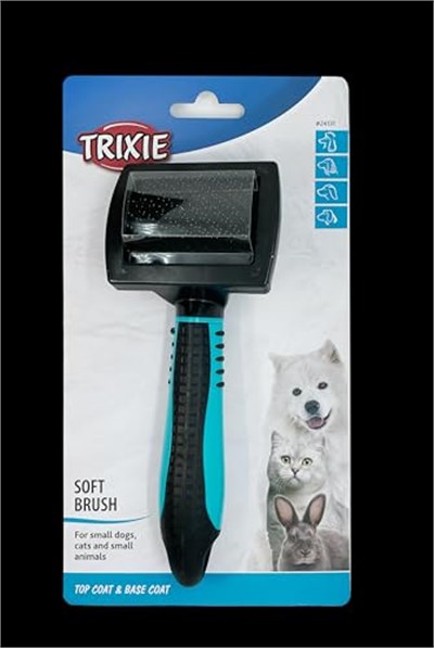 TRIXIE Yumuşak metal kıllı yumuşak fırça – kauçuk plastik sap – kıvırcık saç, uzun saç, kısa saç ve kaba saçlar için – siyah/mavi – 7 x 16 cm – 24131