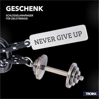 TROIKA Fitness NEVER GIVE UP anahtarlık, karabina kancalı, dekoratif tırmanma halatında 2 kolye ucu: Dambıl ve plaka, çinko alaşım, krom kaplama, siyah, gümüş rengi orijinal, Siyah/Gümüş Renkleri,
