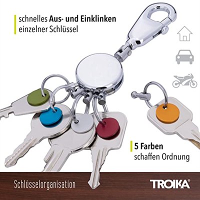 TROIKA Patentli anahtarlık – Kyr61/CH – yuvarlak, parlak – anahtarlık – karabina kanca – 6 katlanabilir halka – anahtarların düzenlenmesi için renkli plakalar – Troika orijinal