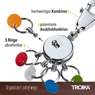 TROIKA Patentli anahtarlık – Kyr61/CH – yuvarlak, parlak – anahtarlık – karabina kanca – 6 katlanabilir halka – anahtarların düzenlenmesi için renkli plakalar – Troika orijinal