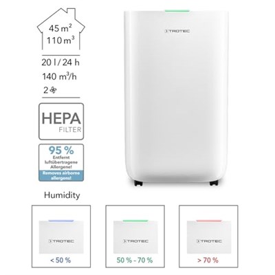 TROTEC TTK 70 HEPA Nem Alma Cihazı ve Hava Temizleyici | 50 m² / 125 m³e kadar odalar için uygundur | Su haznesi yakl. 6,5 litre