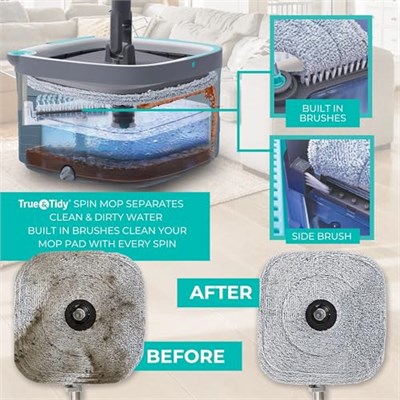 True & Tidy True Clean Paspas ve Kova Sistemi, Kare Döndürmeli Paspas, Çift Bölmeli Paspas Kovası ve 2 Kalın Makinede Yıkanabilir Paspas Pedleri (Spin Mop) içerir