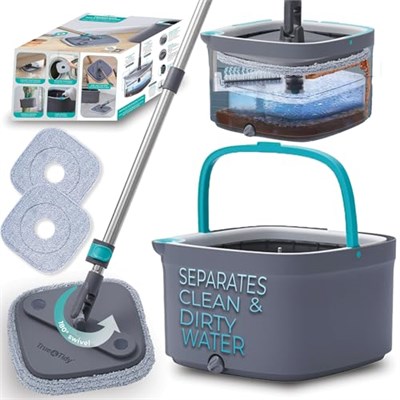 True & Tidy True Clean Paspas ve Kova Sistemi, Kare Döndürmeli Paspas, Çift Bölmeli Paspas Kovası ve 2 Kalın Makinede Yıkanabilir Paspas Pedleri (Spin Mop) içerir