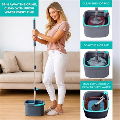 True & Tidy True Clean Paspas ve Kova Sistemi, Kare Döndürmeli Paspas, Çift Bölmeli Paspas Kovası ve 2 Kalın Makinede Yıkanabilir Paspas Pedleri (Spin Mop) içerir