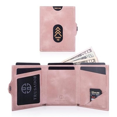TRUSADOR Valencia Unisex Deri Cüzdan Küçük Kompakt Ön Cep RFID Bozuk Para Cepli Cüzdanlar, Pembe, Bozuk Para Cepli