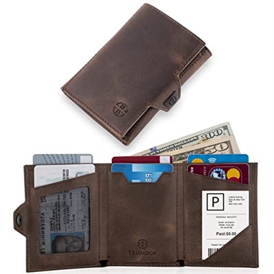 TRUSADOR Verona Unisex RFID Trifold Deri Cüzdan Ön Cep, Kahverengi, Küçük, Fermuar Cepli