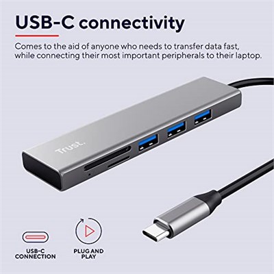 Trust Halyx Hızlı USB-C Hub ve Kart Okuyucu, USB 3.2 Gen 1, SD ve Mikro SD Kart Okuyucu 104 Mbit/s, (Mikro) SD, SDHC ve SDXC, 2 TB, PC, MacBook, Chromebook, Laptop