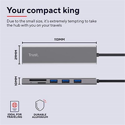 Trust Halyx Hızlı USB-C Hub ve Kart Okuyucu, USB 3.2 Gen 1, SD ve Mikro SD Kart Okuyucu 104 Mbit/s, (Mikro) SD, SDHC ve SDXC, 2 TB, PC, MacBook, Chromebook, Laptop