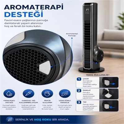Turbo Akıllı Fan 70W Uzaktan Kumandalı Kule Vantilatör, Aromaterapi Özellikli, Dokunmatik LED Ekranlı, 3 Hız Kademeli, 3 Modlu, 12 Saat Zamanlayıcılı, Sessiz Çalışma, Salınımlı Fan