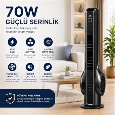 Turbo Akıllı Fan 70W Uzaktan Kumandalı Kule Vantilatör, Aromaterapi Özellikli, Dokunmatik LED Ekranlı, 3 Hız Kademeli, 3 Modlu, 12 Saat Zamanlayıcılı, Sessiz Çalışma, Salınımlı Fan