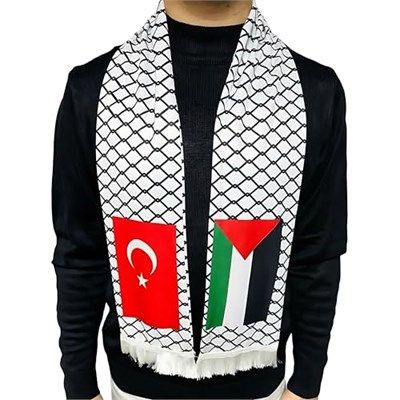 Türk ve Filistin Püsküllü Atkı - Yumuşak Dokulu ve Şık Desenli Atkı