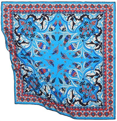 Turkuaz Türk Motifli Çintemani Karanfil Desen İpeksi Eşarp