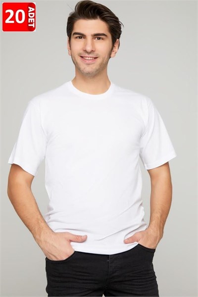 Tutku Erkek T-Shirt,%90 Pamuk%10 Likra, 0 Yaka, Beyaz, 2XL, 20li Paket