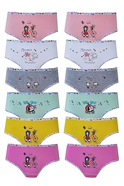 Tutku-Iç Giyim 12li Kız Çocuk Baskılı Renkli Külot Likralı Slip
