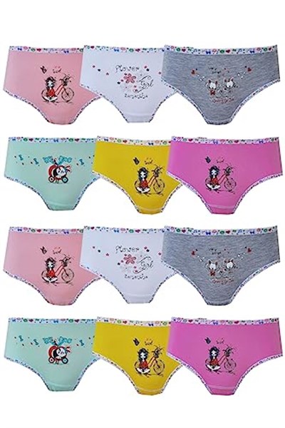 Tutku-Iç Giyim 12li Kız Çocuk Baskılı Renkli Külot Likralı Slip