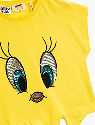 Tweety Tişört Lisanslı Pul Payet İşlemeli Kısa Kollu Beli Bağlamalı Bisiklet Yaka