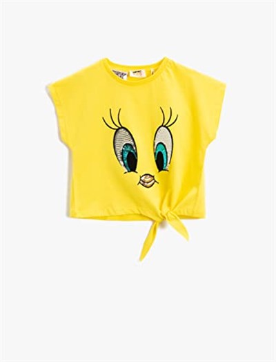 Tweety Tişört Lisanslı Pul Payet İşlemeli Kısa Kollu Beli Bağlamalı Bisiklet Yaka
