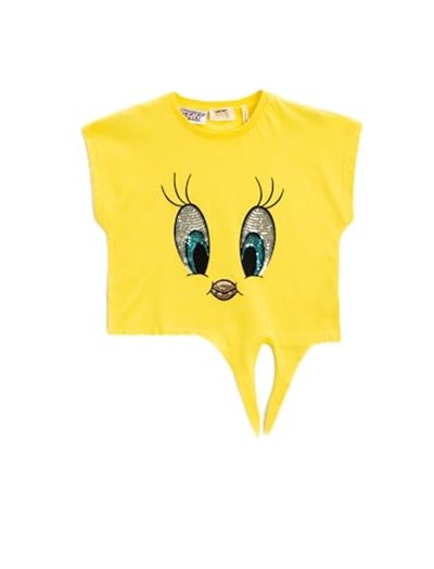 Tweety Tişört Lisanslı Pul Payet İşlemeli Kısa Kollu Beli Bağlamalı Bisiklet Yaka