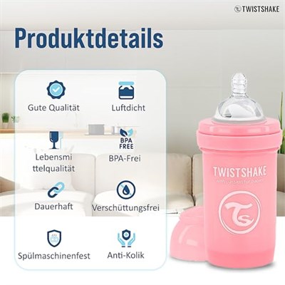 Twistshake Anti-Kolik Bebek Biberonu Pembe 0+ Ay 180 ml