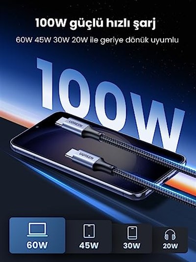 UGREEN 100W USB C Kablosu PD3.0 Hızlı Şarj Kablosu PPS iPhone 15 Pro Max MacBook Pro M2 MacBook Air M2 Galaxy S25 Ultra ile uyumludur. (3m)