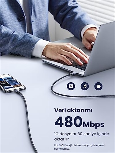UGREEN 100W USB C Kablosu PD3.0 Hızlı Şarj Kablosu PPS iPhone 15 Pro Max MacBook Pro M2 MacBook Air M2 Galaxy S25 Ultra ile uyumludur. (3m)