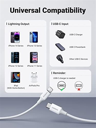 UGREEN 10493 USB kablosu 1 m USB C USB C/Lightning Beyaz