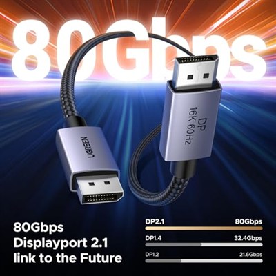 UGREEN 80Gbps DisplayPort Kablosu 2.1 16K@60Hz 8K@240Hz 4K@480Hz Ekran Bağlantı Noktası Kablosu 3.3FT DP Kablosu HDR, HDCP2.3, DSC1.2a, FreeSync, G-Sync, Alu Örgü Uyumlu Monitör, Grafik RTX 5090 4090