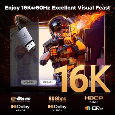 UGREEN 80Gbps DisplayPort Kablosu 2.1 16K@60Hz 8K@240Hz 4K@480Hz Ekran Bağlantı Noktası Kablosu 3.3FT DP Kablosu HDR, HDCP2.3, DSC1.2a, FreeSync, G-Sync, Alu Örgü Uyumlu Monitör, Grafik RTX 5090 4090