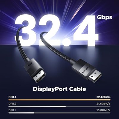 Ugreen 8K 60 Hz Display Port to Display Port 1.4 Örgülü Kablo 3 Metre, Siyah