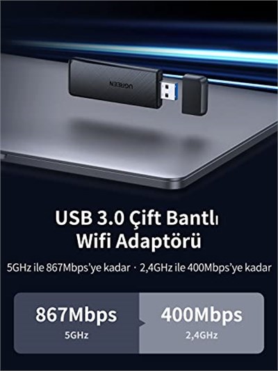 Ugreen AC1300 USB 3.0 1300Mbps 2.4/5Ghz Wi-Fi Kablosuz Alıcı Ağ Adaptörü