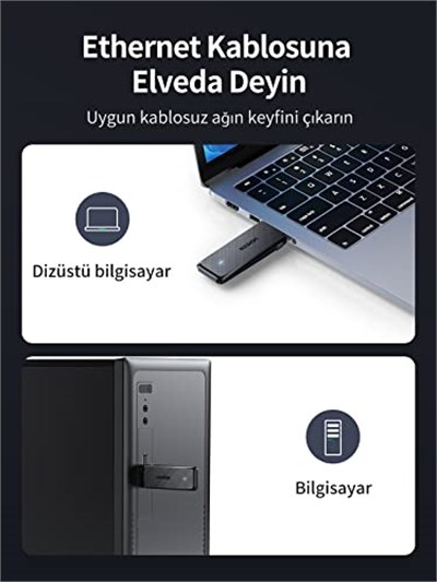 Ugreen AC1300 USB 3.0 1300Mbps 2.4/5Ghz Wi-Fi Kablosuz Alıcı Ağ Adaptörü