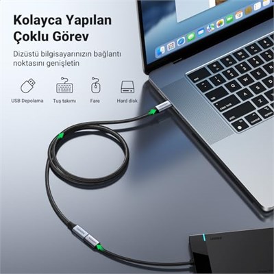 Ugreen Gen2 100 W Thunderbolt 3 Type-C to Type-C Örgülü Uzatma Kablosu 1 Metre | iPhone 17/16, MacBook M4, iPad Pro/Air 2024, Galaxy S26 Ultra, Switch vb. ile uyumludur. (Gri, 1 m)