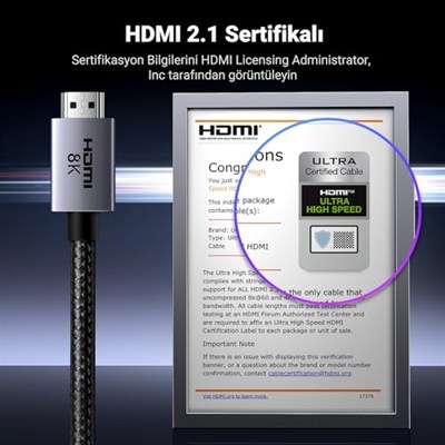 UGREEN HDMI 2.1 Kablo 8K 60Hz 4K 240Hz 165Hz 144Hz 120Hz 48Gbit/s Yüksek Hızlı, HDMI Kablo 2.1 Ultra HD eARC HDR 10+ HDCP 2.3 Dolby Vision VRR TV/PS5/PS4/ Xbox Series X/Monitör ile uyumlu (2M)