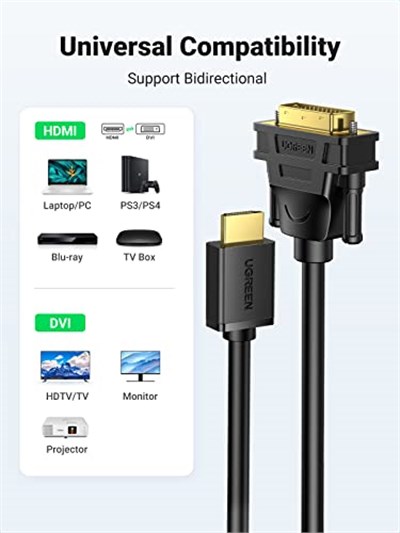 Ugreen HDMI DVI 1080P Çift Yönlü Görüntü Aktarma Kablosu, 1 Metre