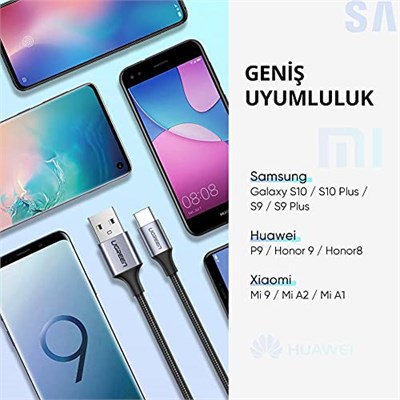 Ugreen Örgülü USB Type-C Şarj ve Data Kablosu, 1.5 Metre, Siyah