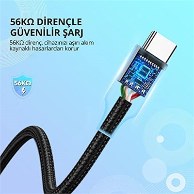 Ugreen Örgülü USB Type-C Şarj ve Data Kablosu, 1.5 Metre, Siyah