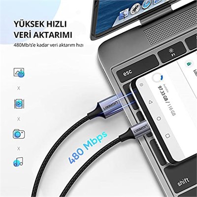 Ugreen Örgülü USB Type-C Şarj ve Data Kablosu, 1.5 Metre, Siyah