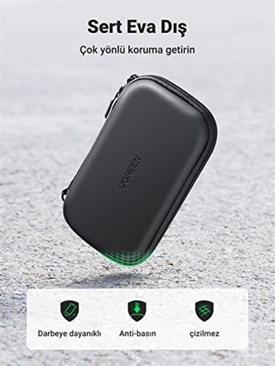 UGREEN Sabit Disk Çantası 2.5 İnç Kasa Harici Sabit Disk Çantası Suya Dayanıklı Eva Evrensel Powerbank Çantası Kablo Çanta Düzenleyici WD Elements, My Passport, Seagate, SanDisk, HDD, SSD ile Uyumlu