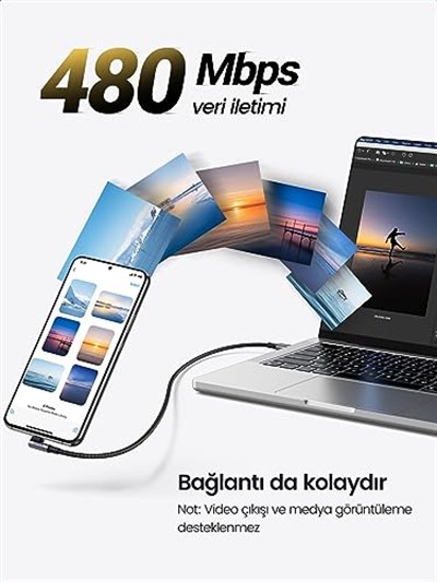 Ugreen Type-C to Type-C 100 W 5A Örgülü 90 Derece Şarj Kablosu 2 Metre