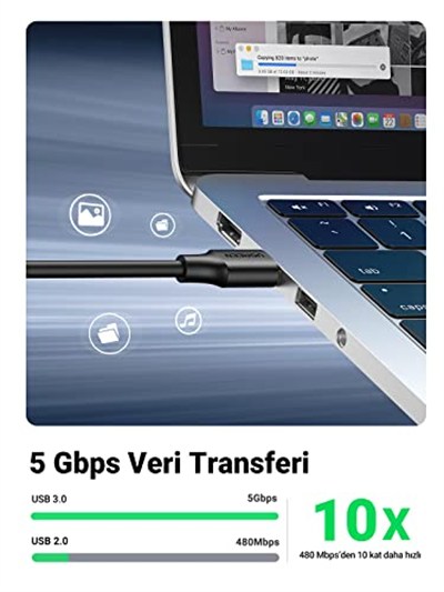 Ugreen USB 3.0 Uzatma Kablosu, 2 Metre, Siyah