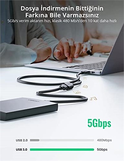 Ugreen USB 3.0 Uzatma Kablosu, 50 cm, Siyah