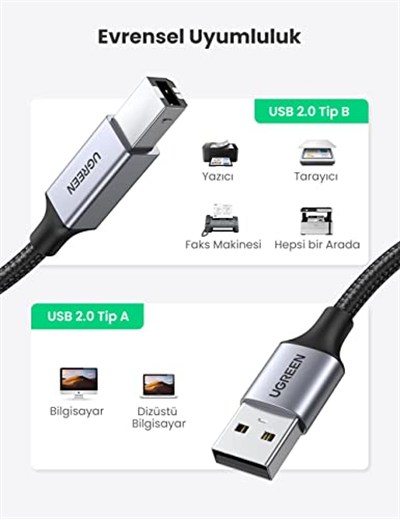 Ugreen USB-A to USB-B 2.0 Örgülü Yazıcı Kablosu 3 Metre