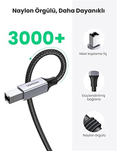 Ugreen USB-A to USB-B 2.0 Örgülü Yazıcı Kablosu 3 Metre