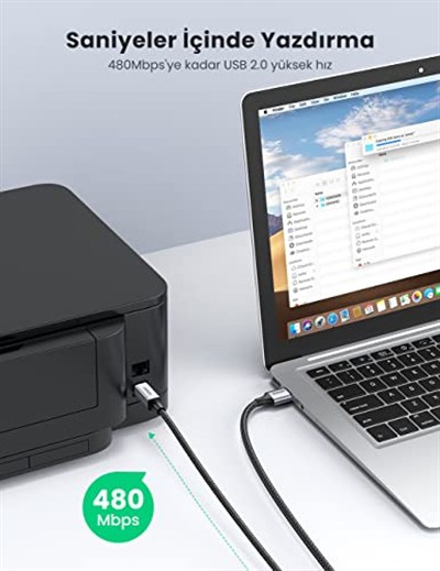 Ugreen USB-A to USB-B 2.0 Örgülü Yazıcı Kablosu 3 Metre