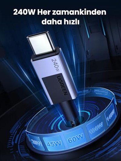UGREEN USB-C to USB-C 240W PD Hızlı Şarj Kablosu, Uzay Grisi, 2m, 45068