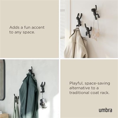 Umbra Buddy Kanca, Ceketler, Şallar, Çantalar, Sırt Çantası, Havlular ve Daha Fazlası İçin Dekoratif Duvar Askısı, 3lü Set, Siyah