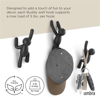 Umbra Buddy Kanca, Ceketler, Şallar, Çantalar, Sırt Çantası, Havlular ve Daha Fazlası İçin Dekoratif Duvar Askısı, 3lü Set, Siyah