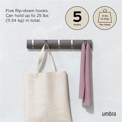 Umbra Flip 5 Puan Askısı, Modern, Sade ve Yerden Tasarruf Sağlayan Kayıtlar Sunar, Ceketler, Manto, Şallar, El Çantaları ve Daha Fazlası İçin 5 - Seçenekler: 5 Haken, 8 Haken, 8 Hook, Raf, Tek kişilik